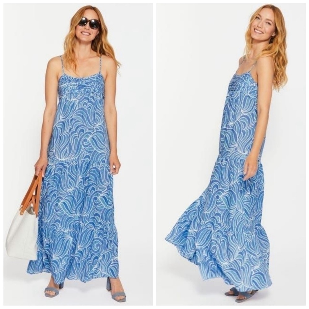 J. McLaughlin Paris Maxi Dress Size Large Blue 100% Linen Sleeveless Vacation